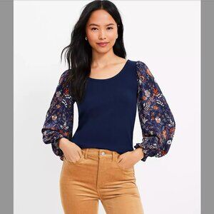 LOFT Shimmer Garden Scoop Neck Mixed Media Top NWT
